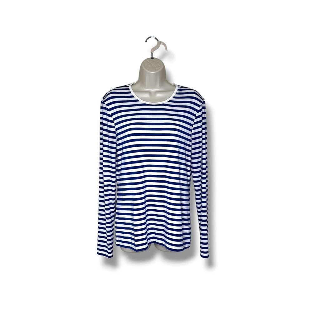 Tory Sport Blue White Striped Long Sleeve Top Round Neck Casual Women Size Large